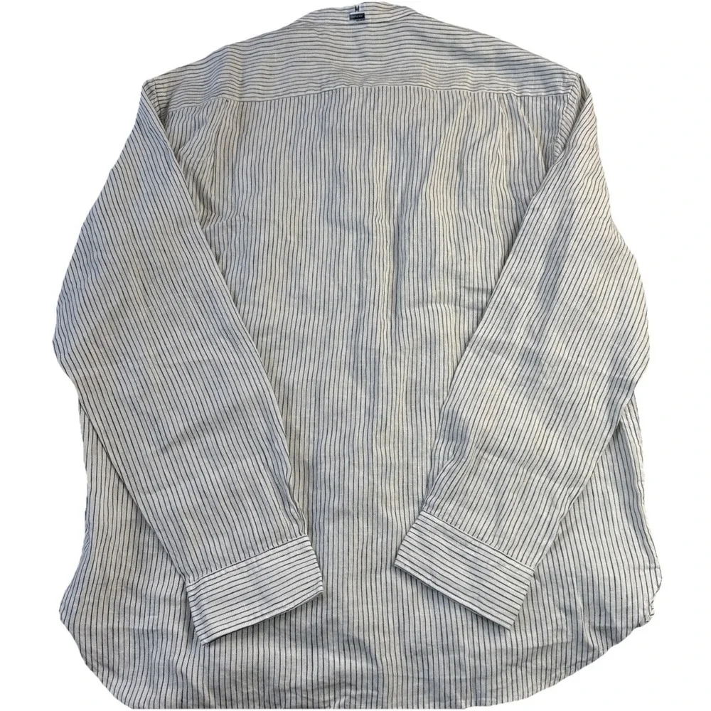 NWT Uniqlo premium linen standup collar shirt White Blue Stripes Medium Preppy - Picture 10 of 11